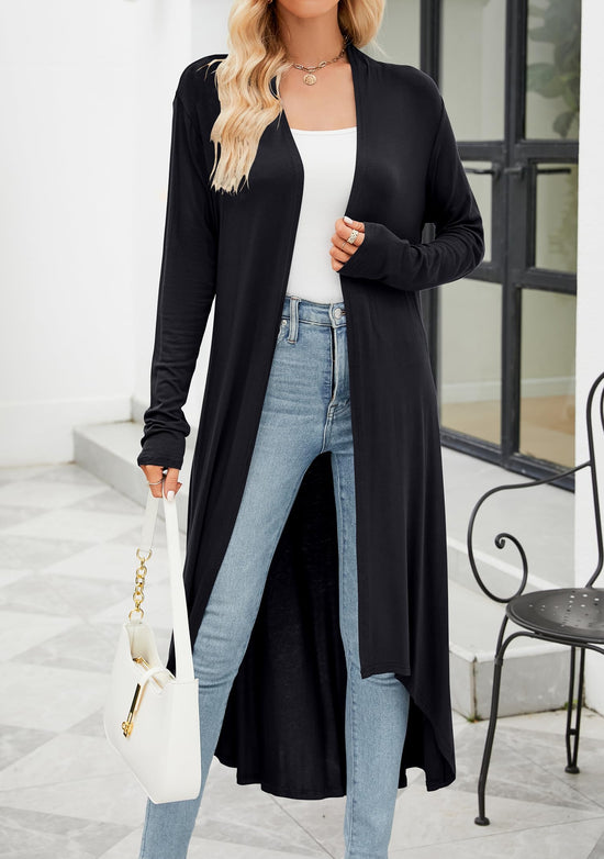 Women's cardigan with pockets - lightweight open front duster with high low hem