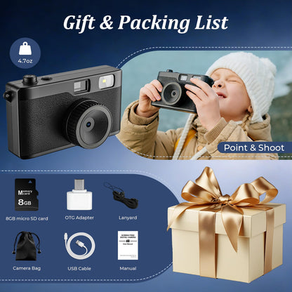Screen Free Digital Camera, Reusable 12MP Vintage Digital Camera with Unlimited DIY Filters, OTG Support and Flash Light for Summer Camp with 8GB Micro SD Card, OTG Adapter and Type-C Cable（Black）