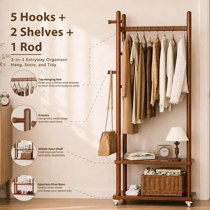 Taitiy freestanding clothes rack with wheels and storage shelves and hooks