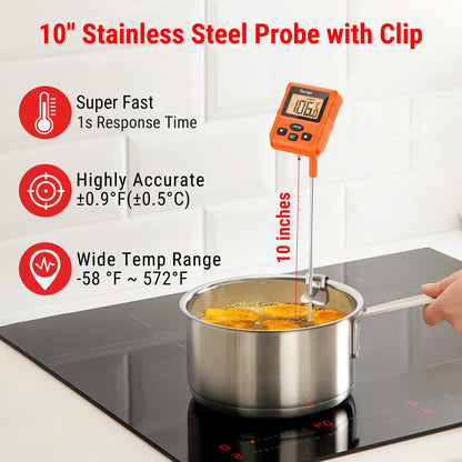 TempPro TP510 waterproof digital candy thermometer with pot clip, 10 probe length