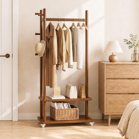 Taitiy freestanding clothes rack with wheels and storage shelves and hooks