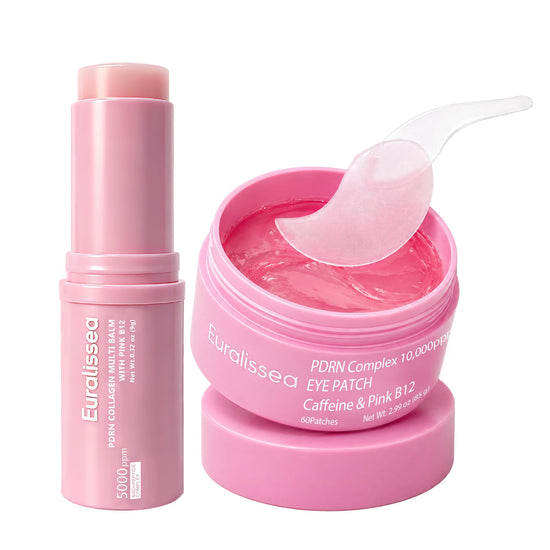 Euralissea PDRN Collagen Multi Balm Stick & Eye Patches Set, Pink B12 & Caffeine Under Eye Care, 0.32 Oz Balm + 60 Patches