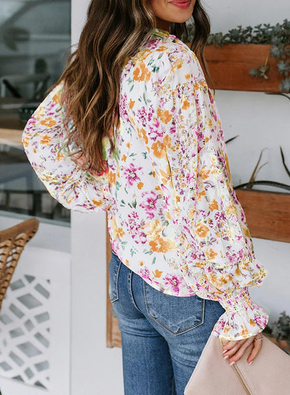 Biucly women's floral print v neck long sleeve shirt with drawstring detail