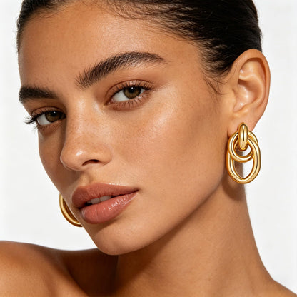 Gold chunky earrings — geometric knot link drop dangle design in 14K gold plated finish