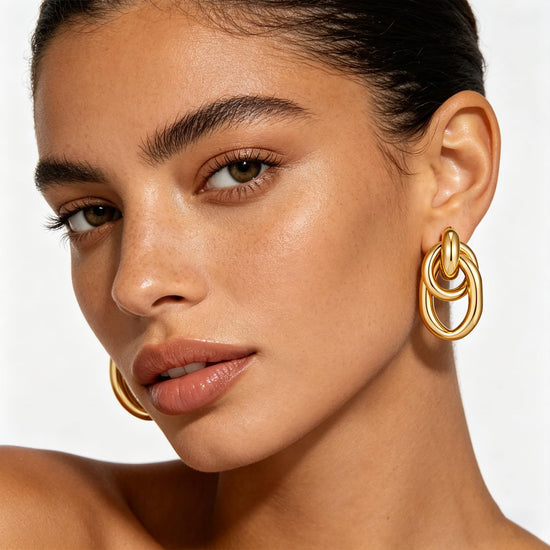 Gold chunky earrings — geometric knot link drop dangle design in 14K gold plated finish