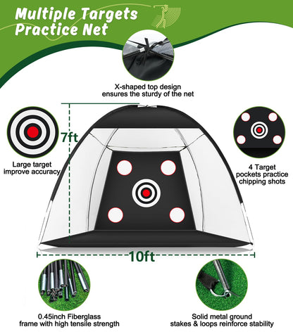 MUVPOH Golf net — 10x7ft golf practice net with dual-turf hitting mat and targets