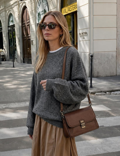 MEROKEETY sweater — Oversized pullover with crew neck and long sleeves in heathered knit