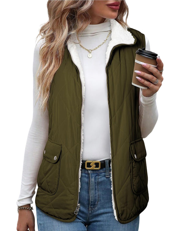SHEWIN women puffer vest - reversible and warm winter outerwear with pockets