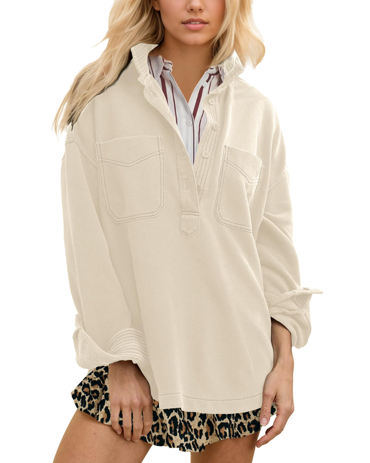 Shirt — Women's casual oversized polo neck sweatshirt with long sleeves and buttons