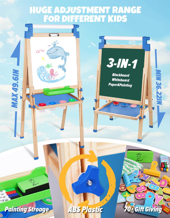 JOYOOSS Kids Wooden Easel - Adjustable double sided drawing board with paper roll for ages 4-12