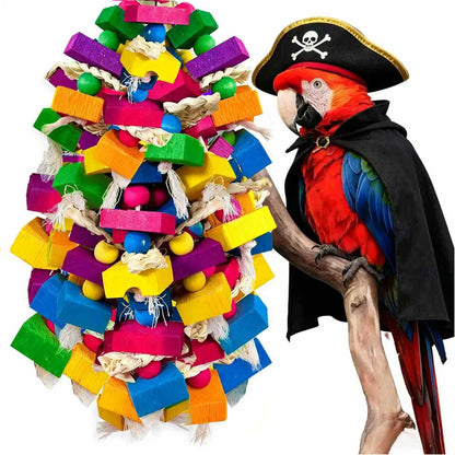 KTCWPAW Large Parrot Chew Toys, Colorful Natural Wood Hanging Shredding Toy, Heavy Duty Beak Grinding Enrichment Toy for Macaw, Cockatoo, African Grey Large Bird Cage Accessories