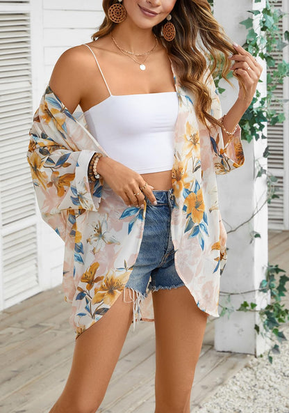 Women's kimono cardigan with floral print chiffon and bat sleeves