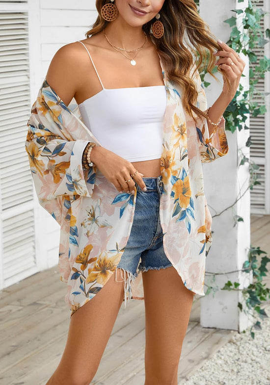 Women's kimono cardigan with floral print chiffon and bat sleeves