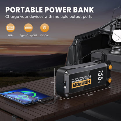 HOMPOW jump starter - 6000A capacity with LCD display and USB ports