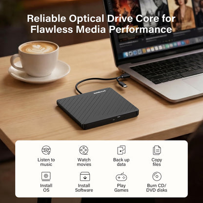 Amicool optical disc drive — external USB-C and USB 3.0 compatibility for multiple systems