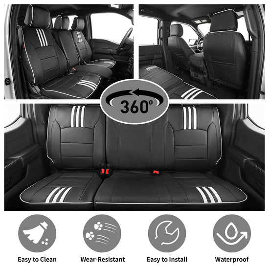 EKR F150 seat covers — custom fit faux leather in black with white trim