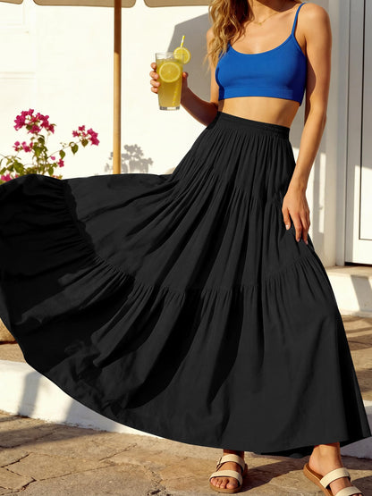 ANRABESS women's boho elastic high waist pleated maxi skirt with pockets