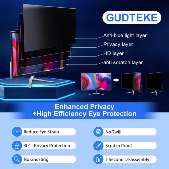 GUDTEKE Computer Privacy Screen Filter 21.5 Hanging Monitor Privacy Screen Protector for 16:9 Aspect Ratio Widescreen Computer Monitor, Eye Protection Anti Glare Blue Light Screen Protector