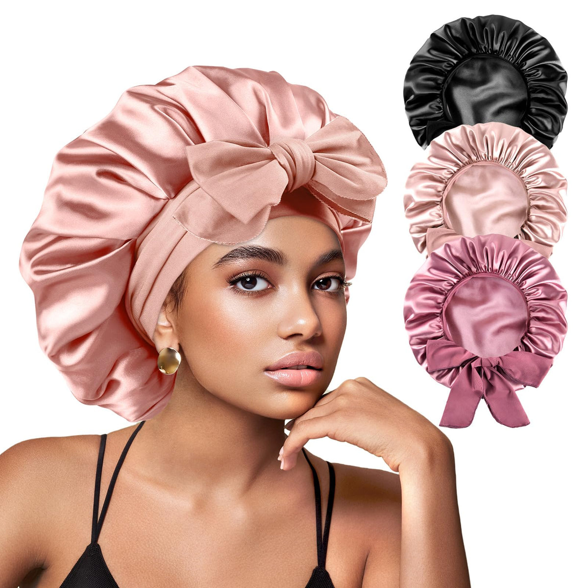 Yanideer silk bonnets for sleeping with tie band for curly hair blushpink 3 pcs setYanideer silk bonnets for sleeping with tie band for curly hair 3 pcs set