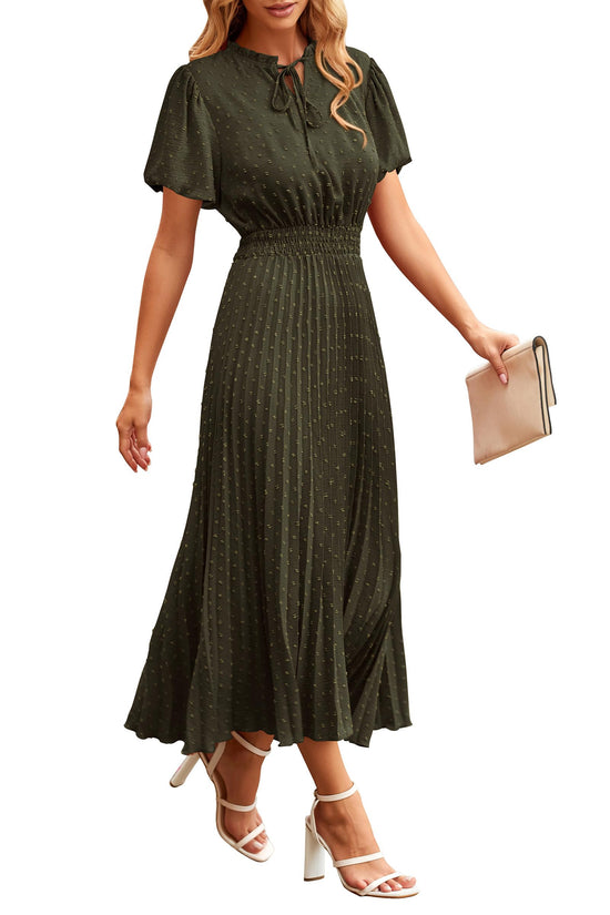 PrettyGarden dress — Summer midi with puff short sleeves and V neck design