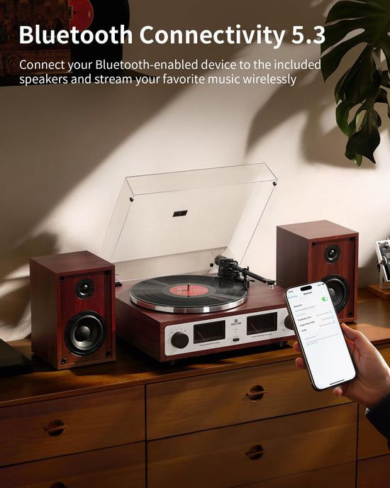 ANGELS HORN turntable with built-in phono preamp and bookshelf speakers