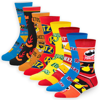 Crazy Socks snack food value bundle - 8-pack novelty crew socks gift set large sizes for men and women, soft and comfortable.