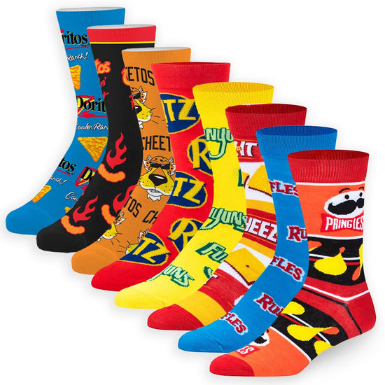 Crazy Socks snack food value bundle - 8-pack novelty crew socks gift set large sizes for men and women, soft and comfortable.