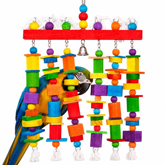 Extra Large Bird Toys for Macaws African Greys Cockatoos, 21.6" x 13" Heavy Duty Parrot Chewing Toy with Durable Stainless Steel Chain & Natural Wood Blocks, Large Bird Cage Accessories with Bell