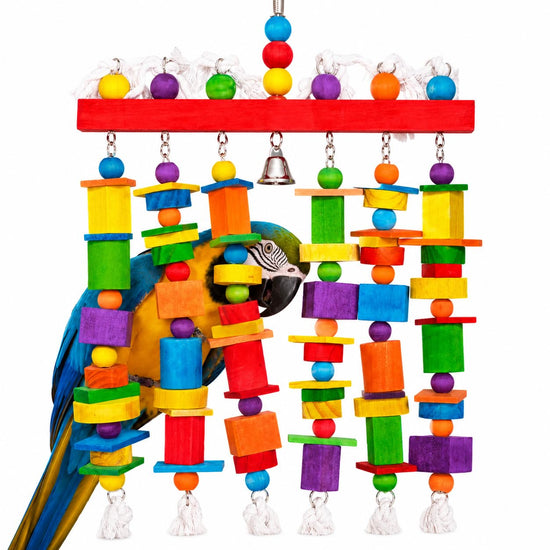 Extra Large Bird Toys for Macaws African Greys Cockatoos, 21.6" x 13" Heavy Duty Parrot Chewing Toy with Durable Stainless Steel Chain & Natural Wood Blocks, Large Bird Cage Accessories with Bell
