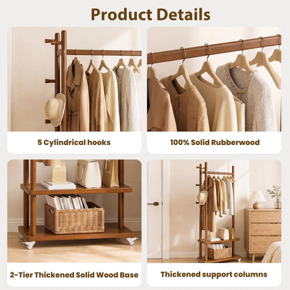 Taitiy freestanding clothes rack with wheels and storage shelves and hooks