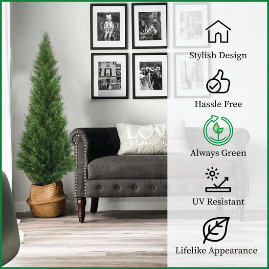 Artificial tree — 5 foot outdoor cedar topiary with potted plants