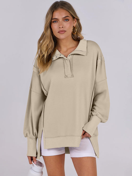 ANRABESS women's shirt - Oversized button up henley pullover with split hem