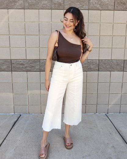 GRAPENT wide leg denim capri pants with raw hem and high waist