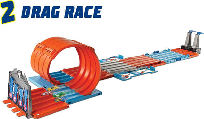Hot Wheels toy vehicle set — race crate with stunts and portable storage track 8+ feet long