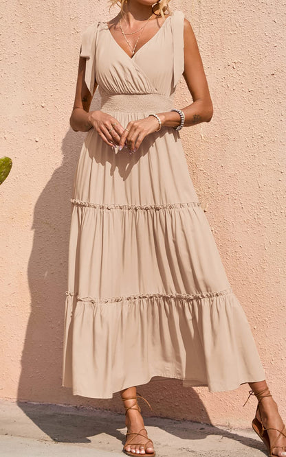 Dress — Cross neck sleeveless maxi dress with tie straps and smocked bodice