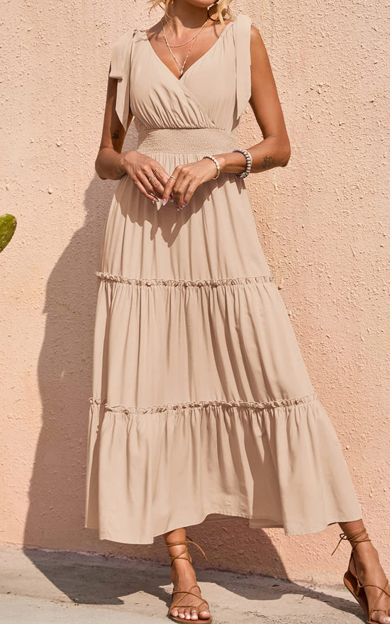 Dress — Cross neck sleeveless maxi dress with tie straps and smocked bodice