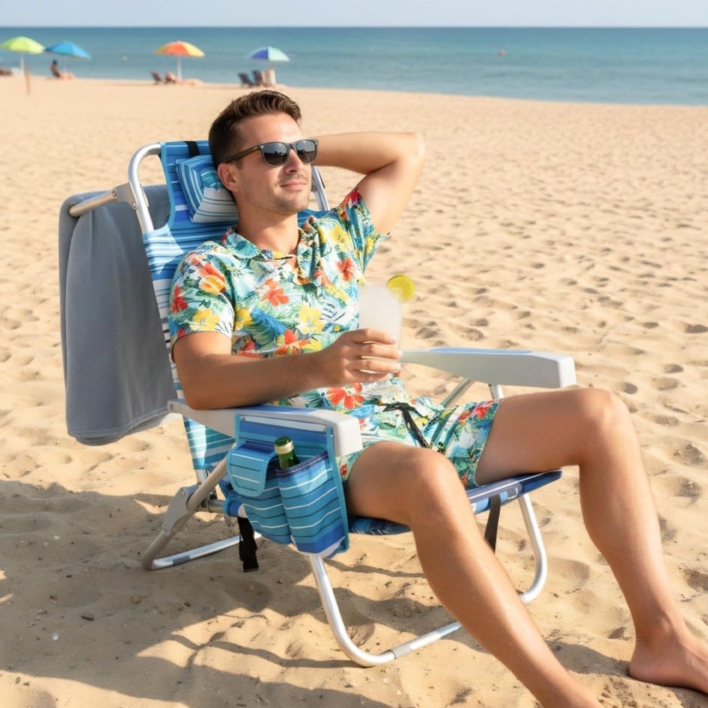 Folding Backpack Beach Chair for Adults, 5-Position Aluminum Lightweight Reclining Beach Chair, Low Sands Compact Chairs with Cup Holder and Padded Headrest for Lawn Patio Poolside,Supports 300lbs