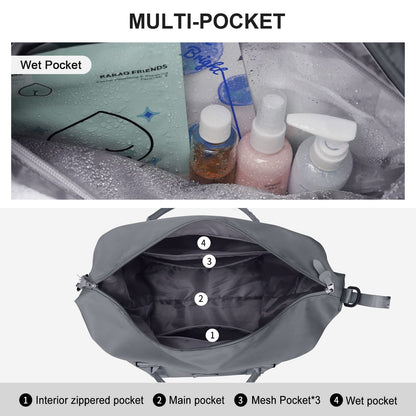 Travel duffel bag with wet pocket for overnight trips