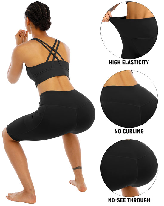 WHOUARE biker yoga shorts with pockets for women, high waisted tummy control shorts
