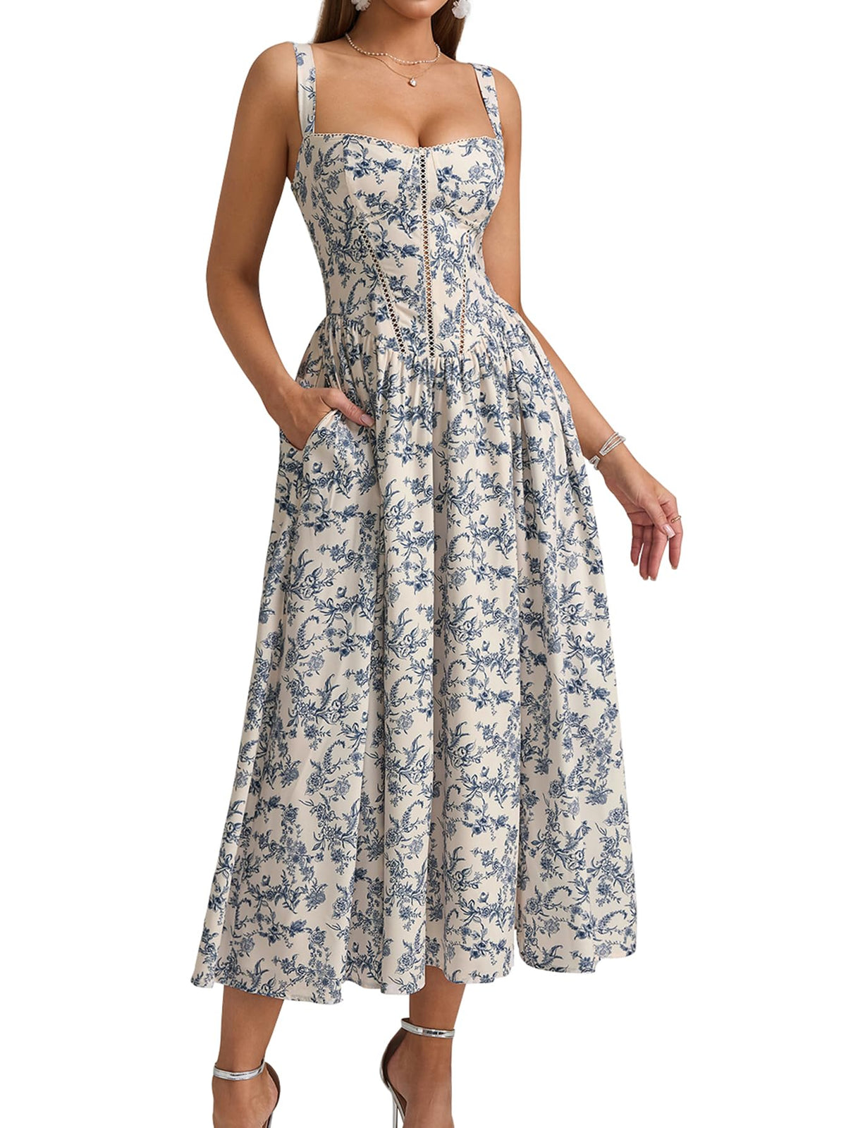 KUTUMAI floral corset midi dress with pockets and slit