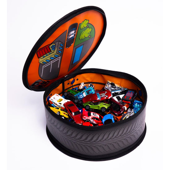 Toy vehicle set — ZipBin wheelie track pack unzips into a racetrack mat