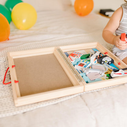 Melissa & Doug wooden take-along tabletop farm with vehicles and play pieces for toddlers 1+
