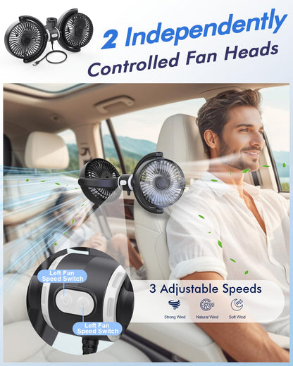 Electric fan — Hayousui USB car cooling fan with dual heads and 360° rotation