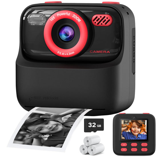 Digital camera — 1080P HD dual-lens with print paper and 32G card for kids ages 3-16 years old