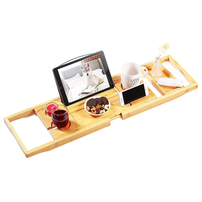 Bathtub tray — Expandable wooden design with wine and book holder