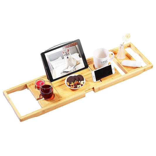 Bathtub tray — Expandable wooden design with wine and book holder