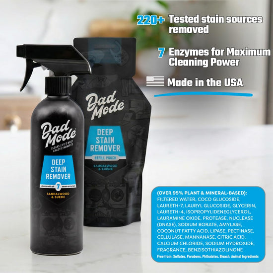 DadMode 7-Enzyme Laundry Stain & Odor Destroyer – Deep Cleaner for Extreme Clothing Messes - Masculine Sandalwood & Suede Scent, 16oz Metal Bottle + Refill Pouch