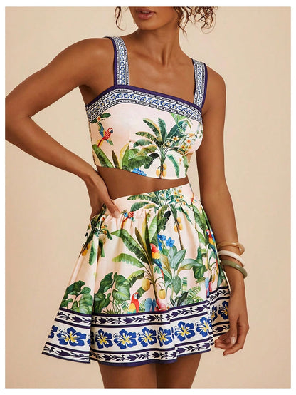 Floerns coordinated outfit with tropical crop cami top and summer skirt set