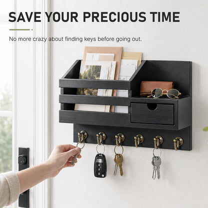 Storage hook — Rustic farmhouse key and mail holder with shelf and 6 hooks