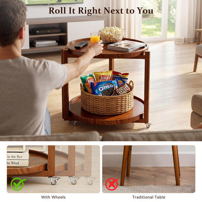 Taitiy rolling side table — solid wood with storage shelf and wheels in walnut 21.5